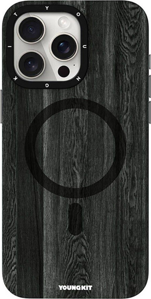 İphone 15 Pro Max Uyumlu Kılıf Magsafe Şarj Özellikli Youngkit Ahşap Desenli Wood Forest Seri Siyah