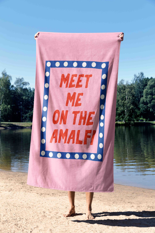 Meet Me On The Amalfi Yazılı Pembe Tasarım Plaj Havlusu 75x150