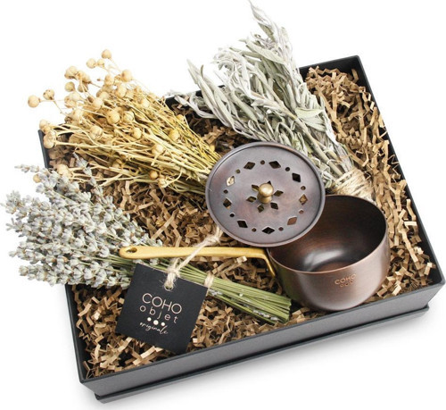 Coho Box Antique Tütsü Gezdirme Çanağı & Üzerlik & Adaçayı & Lavanta Hediye Seti