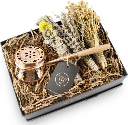Coho Box Artisan Dövme Bakır Tütsü Çanağı & Üzerlik & Adaçayı & Lavanta Hediye Seti