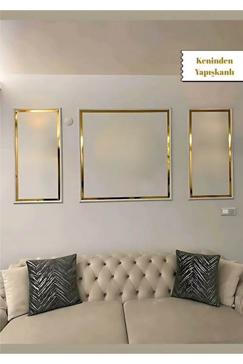 Kendinden Yapışkanlı Boyanabilir Duvar Çıtası & Gold Ayna Pleksi Hazır Kesimli 6 Adet Çerçeve Paketi