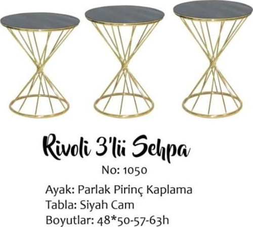 Brc Zigon Sehpa 13412 RİVOLİ Model Siyah Cam tabla Gold Parlak Ayak El Yapım