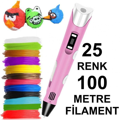 PEMBE 3D Kalem Yazıcı+25 renk 100 metre (25x4metre) PLA Filament