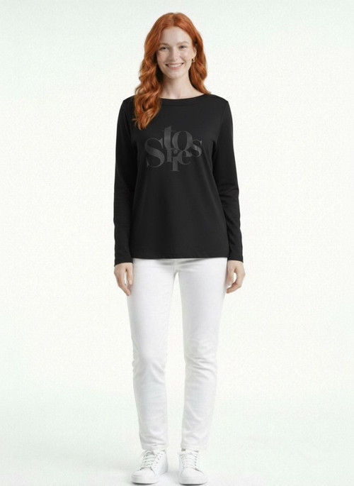 Kadın Siyah Uzun Kol Stores Baskılı T-Shirt