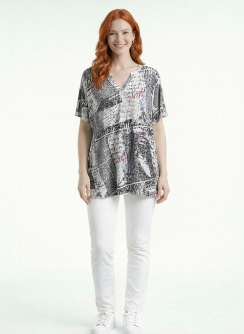 Kadın V Yaka Desenli Oversize Bluz