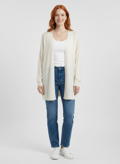 Kadın Oversize Triko Hırka - Uzun Kol, Ekru
