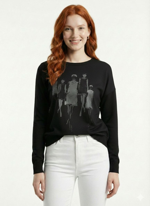 Kadın Siyah Baskılı Bisiklet Yaka Sweatshirt