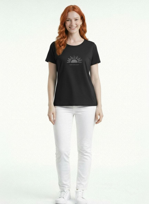 Kadın Basic Güneş Desenli Yuvarlak Yaka Kısa Kollu T-Shirt