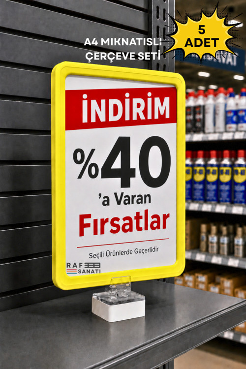 5 Adet - A4 Güçlü Mıknatıs Tutuculu Fiyatlık Etiketlik – Dikey Yatay ve Bilgilendirme Çerçevesi Sarı