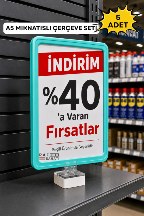 5 Adet - A5 Mıknatıs Tutuculu Fiyatlık Etiketlik – Dikey Yatay ve Bilgilendirme Çerçevesi Turkuaz