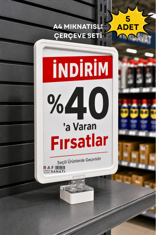 5 Adet - A4 Güçlü Mıknatıs Tutuculu Fiyatlık Etiketlik – Dikey Yatay ve Bilgilendirme Çerçevesi Beyaz