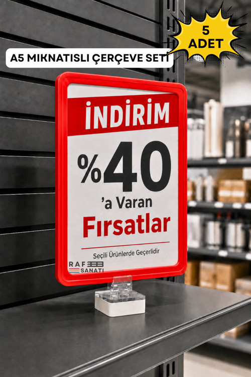 5 Adet - A5 Mıknatıs Tutuculu Fiyatlık Etiketlik – Dikey Yatay ve Bilgilendirme Çerçevesi Kırmızı