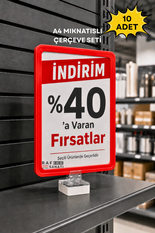 10 Adet - A4 Güçlü Mıknatıs Tutuculu Fiyatlık Etiketlik – Dikey Yatay ve Bilgilendirme Çerçevesi Kırmızı