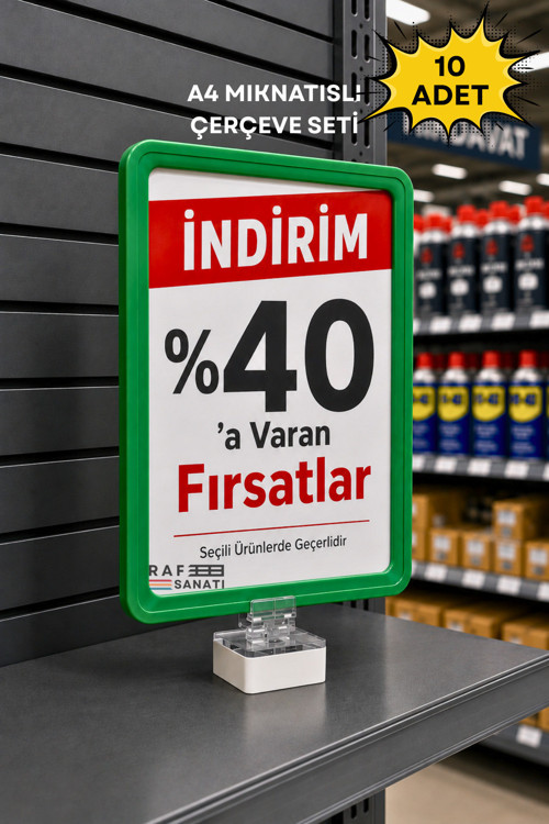 10 Adet - A4 Güçlü Mıknatıs Tutuculu Fiyatlık Etiketlik – Dikey Yatay ve Bilgilendirme Çerçevesi Yeşil