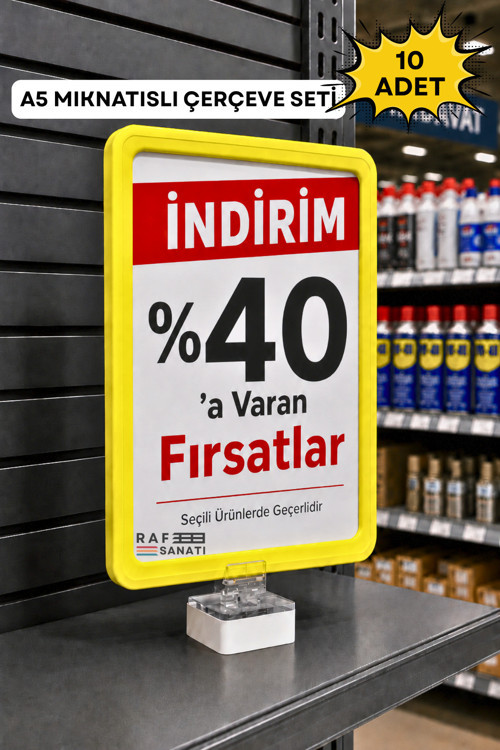 10 Adet - A5 Mıknatıs Tutuculu Fiyatlık Etiketlik – Dikey Yatay ve Bilgilendirme Çerçevesi Sarı