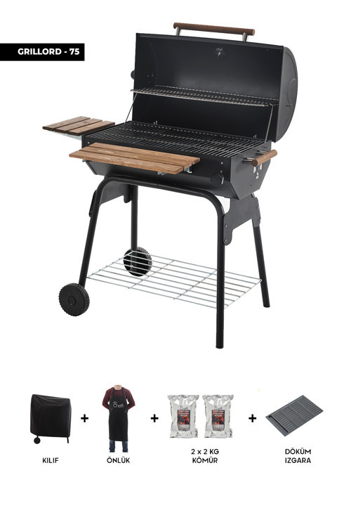 Grillord‑75 Kömürlü Barbekü (1 Adet Döküm Izgaralı) + Hediye Seti (Önlük + Kılıf)