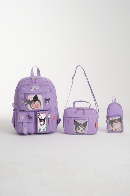 Kawaii Kore Tarzı Kuromi Okul Çantası, Termal Beslenme ve Kalemlikli İlkokul Sırt Çantası Set