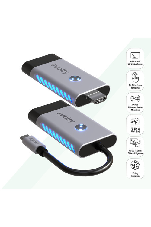 Type-C to HDMI Kablosuz Görüntü Aktarıcı 50m | 4K, 100W PD Hızlı Şarj, 5GHz (V0302002)