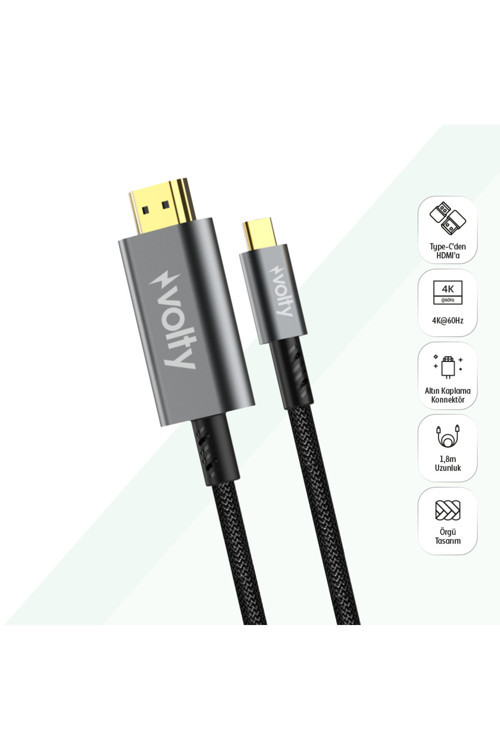 Type-C to HDMI 4K 60Hz Görüntü Aktarıcı | 12Gbps, 1.8m, HDR, Örgü, Altın Uçlu (V0302003)