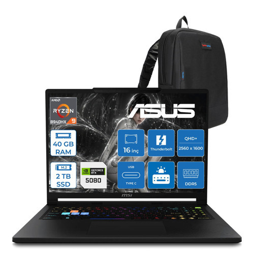 Raider A16 Hx Ryzen 9 8940HX 40GB Ddr5 2tb SSD 16GB/RTX5080/175W Windows 11 Pro 16" QHD+(2560X1600) 240Hz IPS Oyuncu Bilgisayarı 008TRP21 + Zetta Çanta