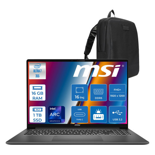 Modern 16S Aı+ G3MG Intel Core Ultra 7 355 Aı 16GB Ddr5 1tb SSD Intel Graphic 16” Fhd+ (1920x1200),120Hz IPS Freedos Taşınabilir Bilgisayar G3MGXTRF03+ZETTAÇANTA