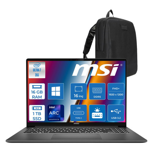 Modern 16S Aı+ G3MG Intel Core Ultra 7 355 Aı 16GB Ddr5 1tb SSD Intel Graphic 16” Fhd+ (1920x1200),120Hz IPS WIN11HOME Taşınabilir Bilgisayar G3MGXTRH03+ZETTAÇANTA