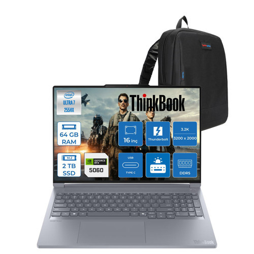 Thinkbook 16P Gen 6 Intel Core Ultra 7 255HX Aı 64GB Ddr5 2tb SSD 8GB/RTX5060 115W 16" 3.2k (3200X2000) IPS 500NITS 100% Dcı-P3, 165Hz Freedos Gaming Laptop 21R0004BTXF29+ZETTAÇANTA