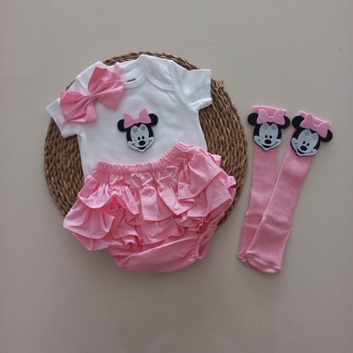 Kız Bebek Pembe Minnie'li Fırfır Şort Etek Bodyli Çorap Takımı