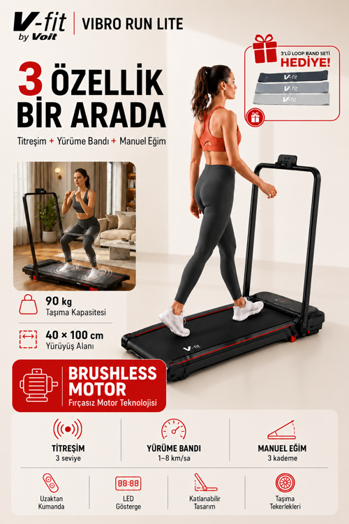Vibro Run Lite Titreşim Modlu Loop Bant Seti Hediyeli Katlanabilir Koşu ve Yürüyüş Bandı - 8 Km/h Brushless Motor - VibroRun