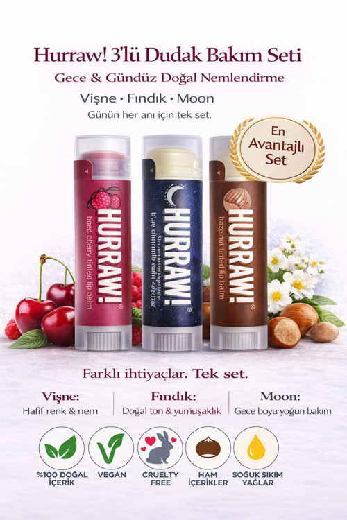 3’Lü Dudak Bakım Seti – Vişne + Fındık + Moon Lip Balm | Gece & Gündüz Doğal Nemlendirme
