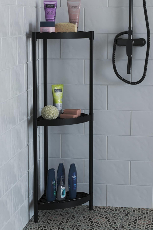 Moblen Köşe 3 Raflı Banyo Rafı, Çok Amaçlı Raf - Siyah