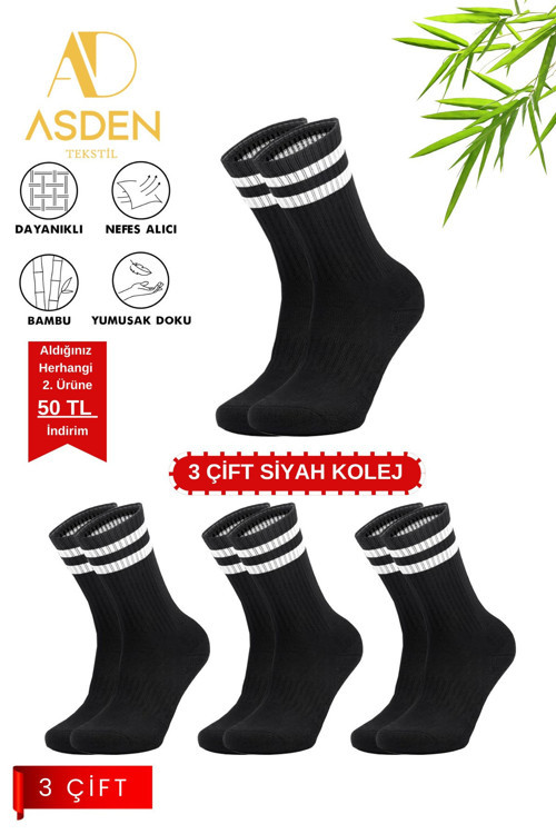 Unisex Bambu Kolej Tenis Çorap Premium, Siyah Çizgili 3'lü Paket