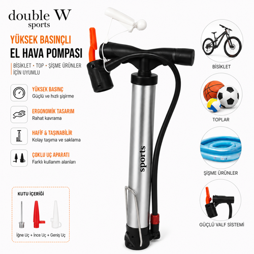 Double W Sports Double W Yüksek Basınçlı El Hava Pompası – Bisiklet, Top ve Şişme Ürün Pompası