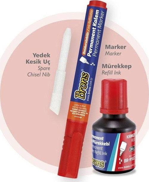 Permanent Marker Seti Kesik Uç Kırmızı (Kalem + Mürekkep + Yedek Uç)