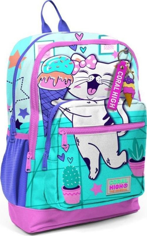 Kids Turkuaz Pembe Dondurmalı Kedi Desenli Okul Sırt Çantası 23751