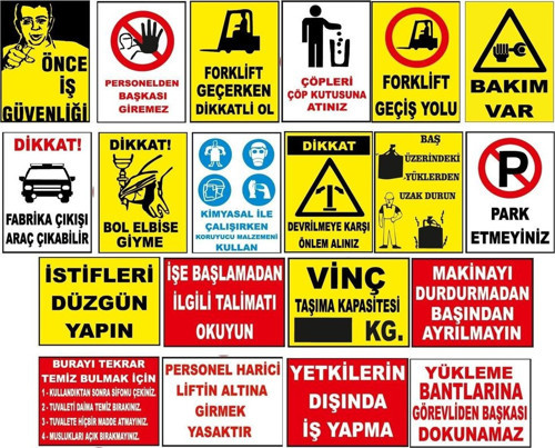 Atölye Fabrika İşyeri İş Güvenliği Uyarı Levhası -20 adet Pvc Levha