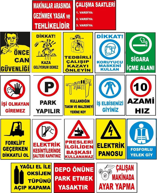 Atölye Fabrika İşyeri İş Güvenliği Uyarı Levhası -20 adet Pvc Levha