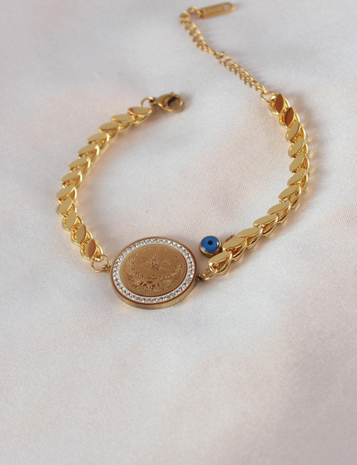316L Çelik Gold Arpa Zincir Model Osmanlı Tuğra İşleme Zirkon Taş Kadın Bileklik - TJ-BB5450