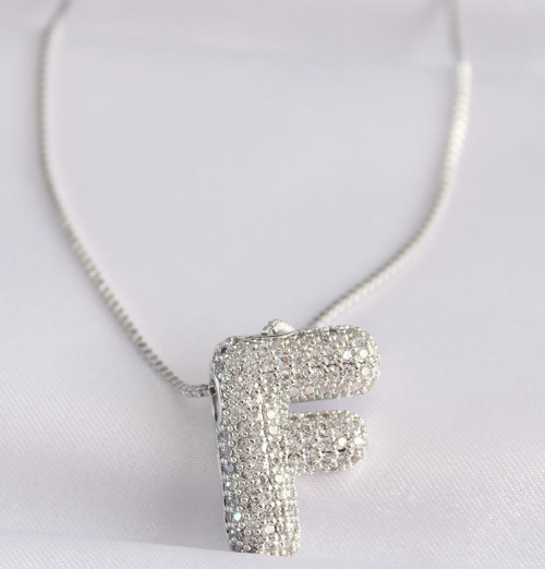 316L Çelik Zincirli Zirkon Taşlı F Harfli Silver Renk Bubble Kolye - TJ-BKO8581