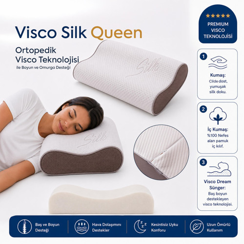 Visco Queen Spacer Silk Boyun Destekli Ortopedik Visco Yastık 55x35x12 cm
