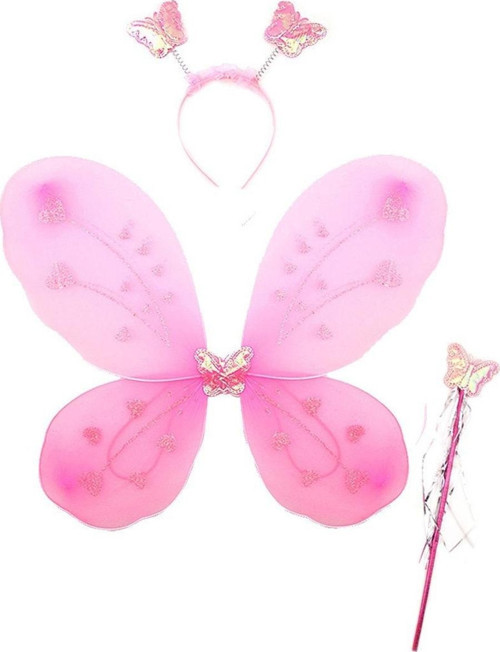 Toz Pembe Renk Kelebek Kanadı Tacı ve Sopası 50x37 cm