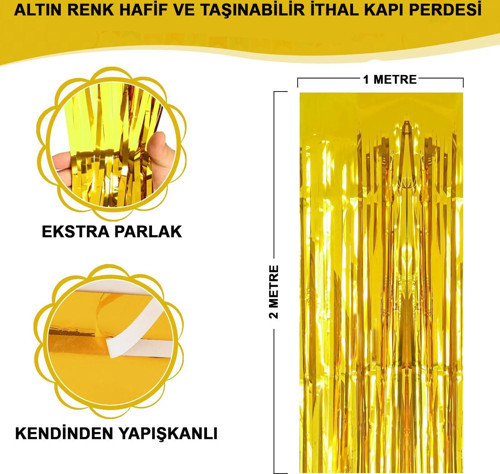 Altın Gold Renk Ekstra Metalize Parlak Saçaklı Arka Fon Perde İthal A Kalite 1x2 Metre