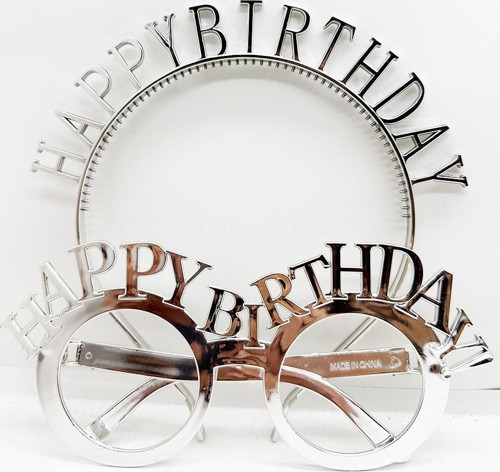 Happy Birthday Yazılı Taç ve Happy Birthday Yazılı Gözlük Seti Gümüş Renk