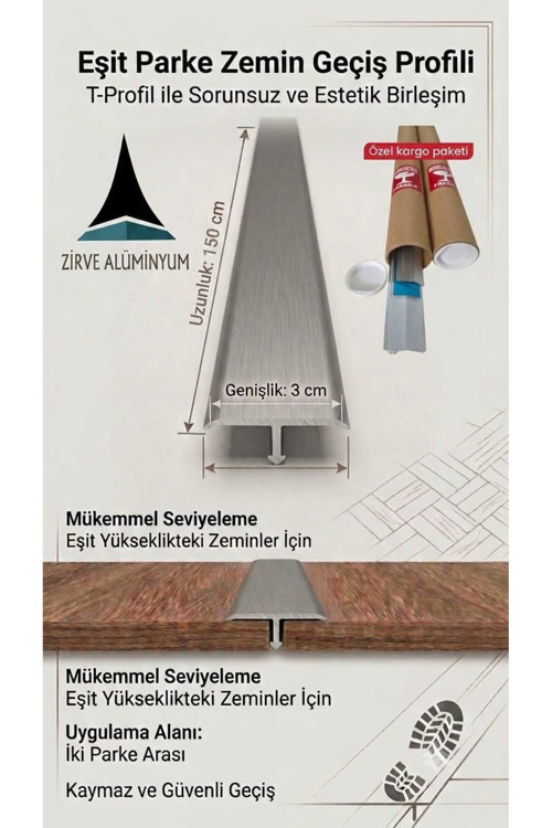 Kapı Eşik Profili T Model 150 Cm'Ye Kadar Özel Ölçü 3 Cm X 8 Mm Parke Kapı Altı Çıtası Alüminyum Gri