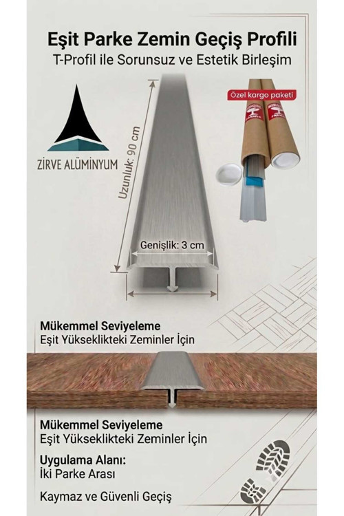 Kapı Eşik Profili T Model 3 Cm X 90 Cm'Ye Kadar Özel Ölçü Parke Kapı Altı Çıtası Alüminyum Gri