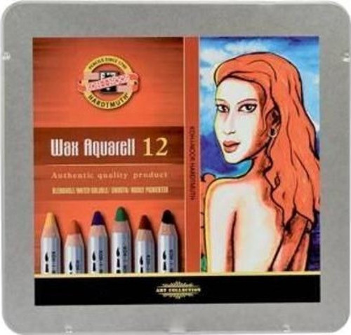 Koh-i Noor Wax Aquarell Balmumu Kalın Boya Kalemi 12 Renk Metal Kutu