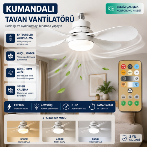 Kumandalı Tavan Vantilatörü E27 Duy Uyumlu LED Aydınlatmalı 40W 3 Renk Işık Sessiz Fan Zaman Ayarlı