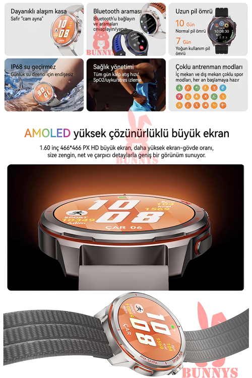 Asus Uyumlu Spor Akıllı Saat AMOLED Ekran Bluetooth Arama Dahili El Feneri 3 Adet Kordon Seti