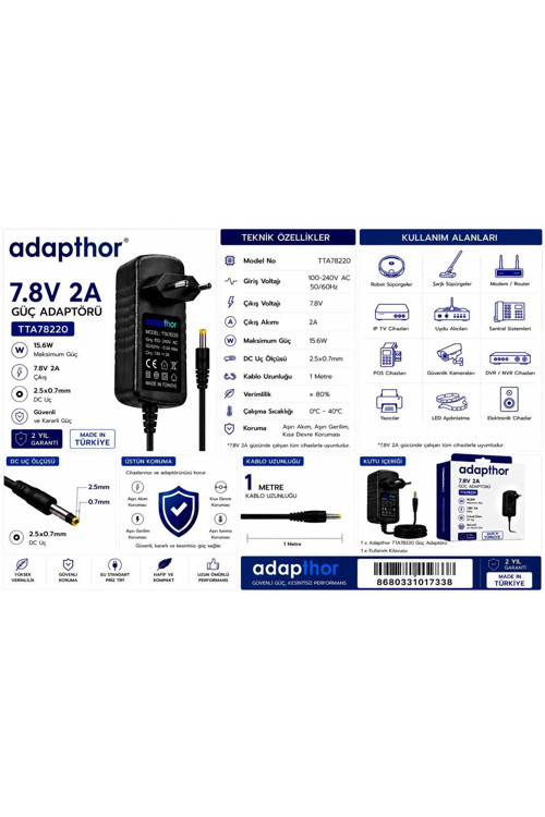 Tta-78220 15.6W 7.8V 2A 2.5*0.7 Priz Tipi Adaptör