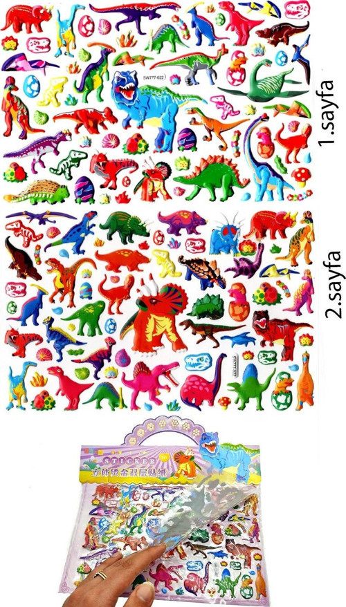 Sticker Kabartmalı Çantalı iki Sayfalı Sticker Seti (SW-022) - 24x15 cm - Vahşi Dinazorlar